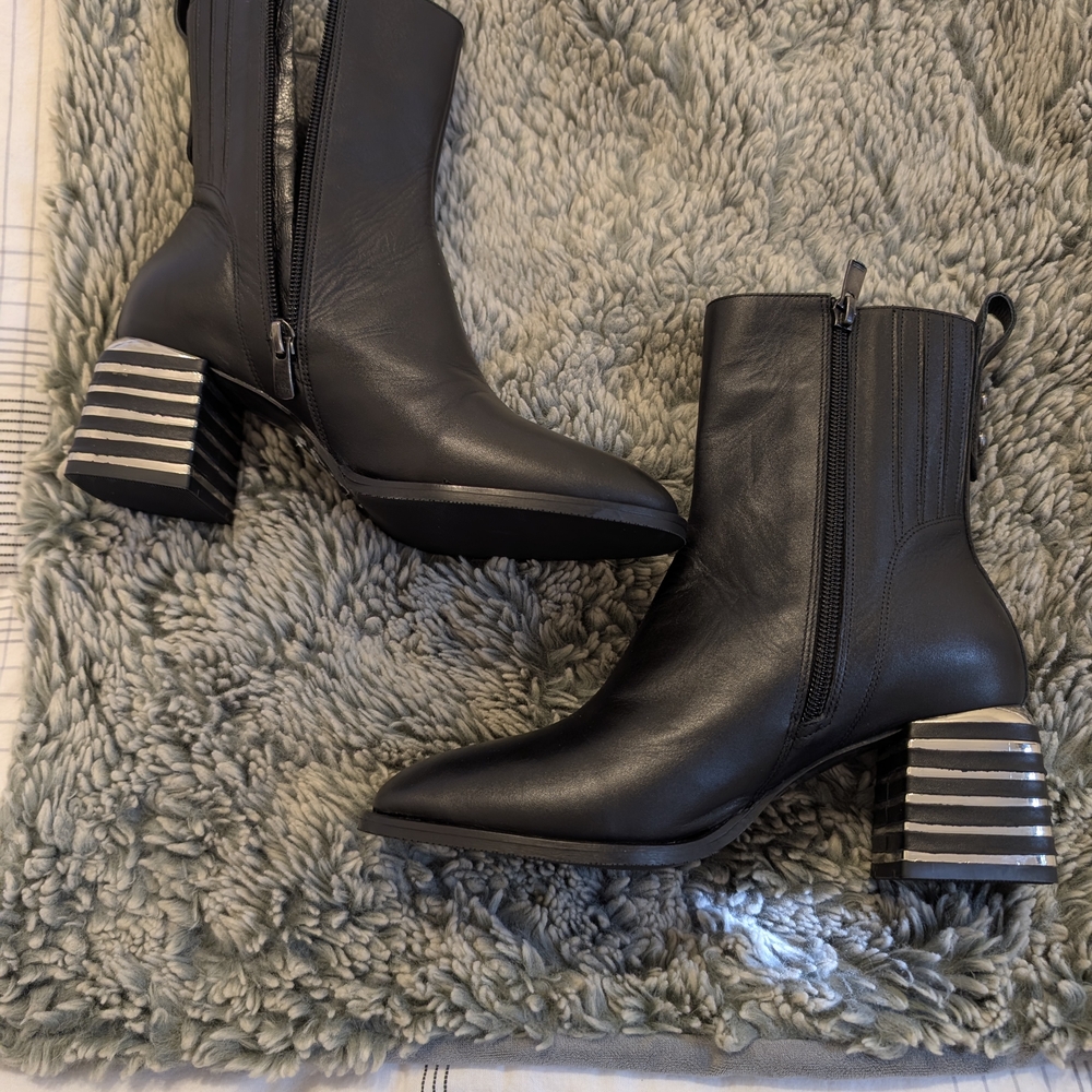 New without box - Black Leather Booties with Chromed Square Heel